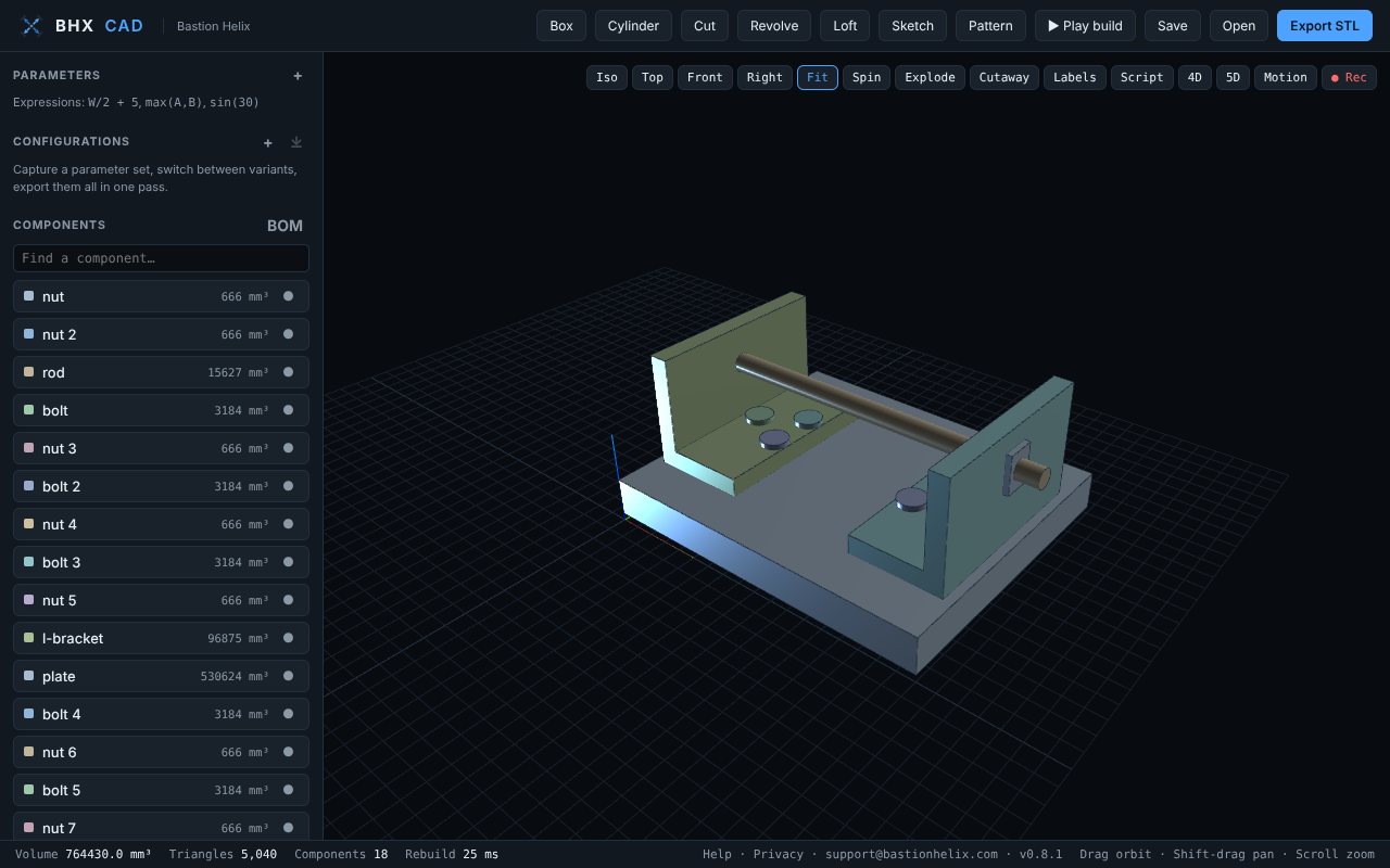 An 18-part STEP assembly opened in BHX CAD
