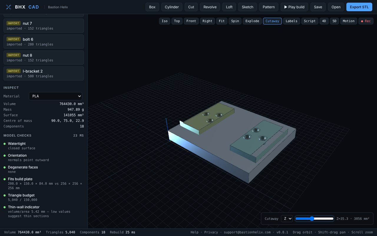 Cutaway section and automatic model checks, including 3D-printer fit