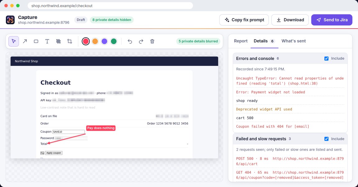 The Details tab listing errors, failed requests and steps captured from the page
