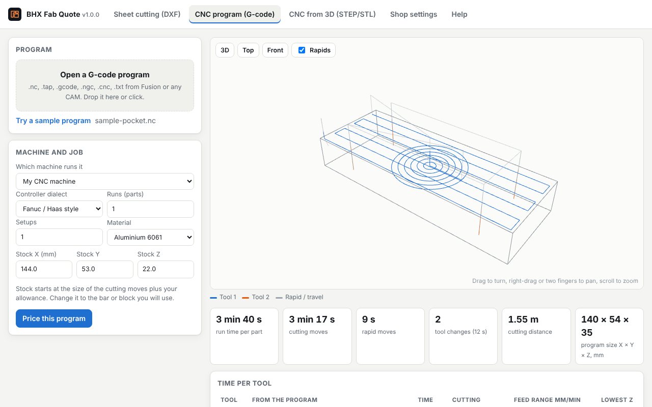 A CNC program's toolpath, coloured by tool, inside its stock block