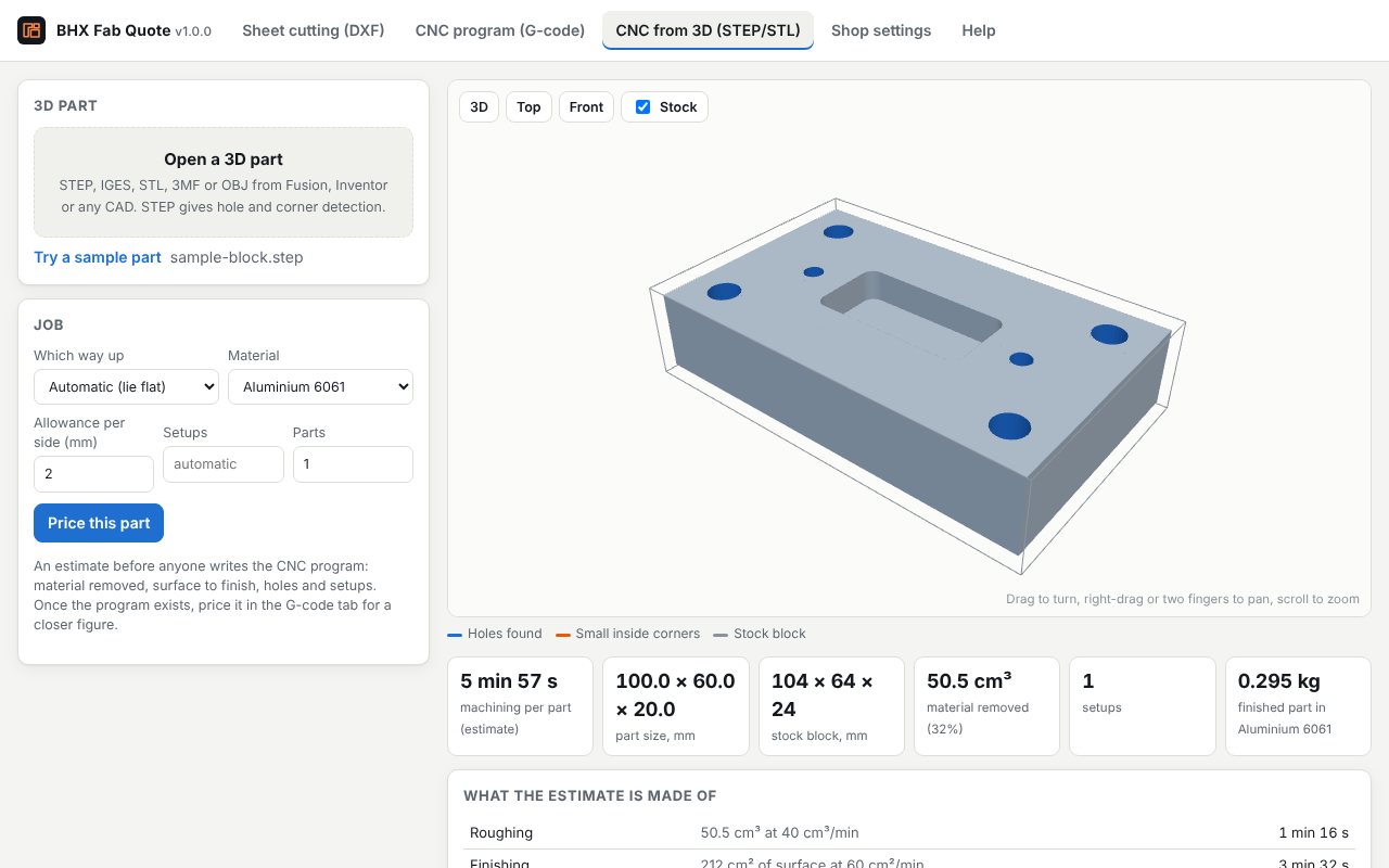 A STEP part with its holes found and coloured, before any CNC program exists